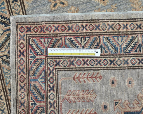 Alfombra de lana geométrica anudada a mano, color gris, Kazak Afghan, de 11 pies