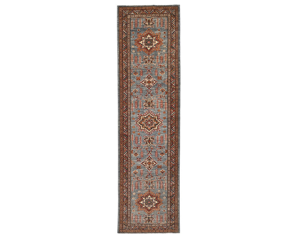 11 Feet Gray Kazak Afghan Hand Knotted Wool Runner Rug