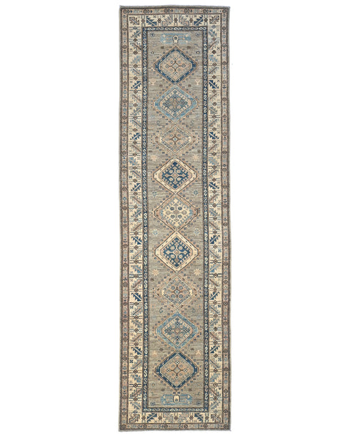 9 Ft Beige Kazak Afghan Hand Knotted Geometric Wool Runner Rug