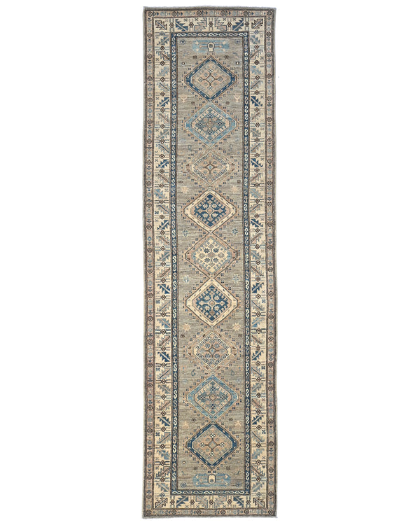 9 Ft Beige Kazak Afghan Hand Knotted Geometric Wool Runner Rug