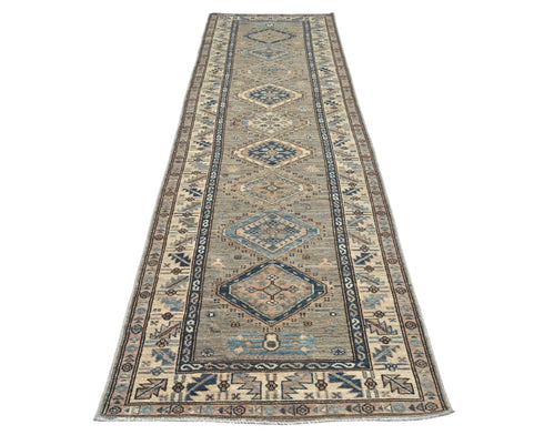 9 Ft Beige Kazak Afghan Hand Knotted Geometric Wool Runner Rug