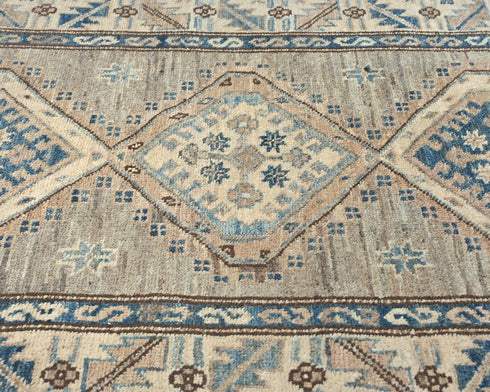 9 Ft Beige Kazak Afghan Hand Knotted Geometric Wool Runner Rug