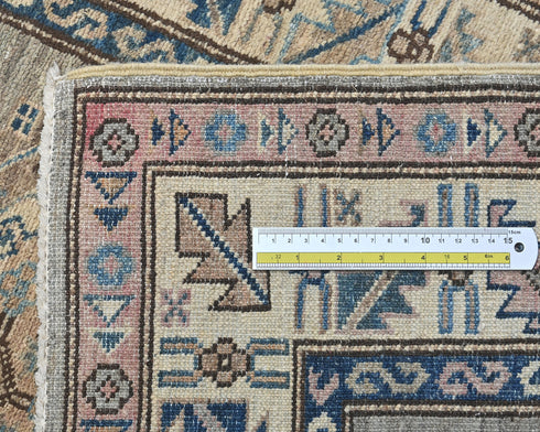 9 Ft Beige Kazak Afghan Hand Knotted Geometric Wool Runner Rug