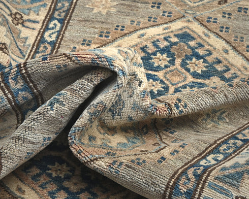 9 Ft Beige Kazak Afghan Hand Knotted Geometric Wool Runner Rug