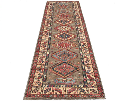 10 Feet Brown Kazak Afghan Hand Knotted Wool Runner Rug