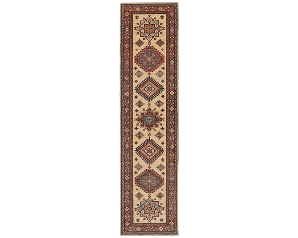 10 Feet Beige Kazak Afghan Hand Knotted Wool Runner Rug