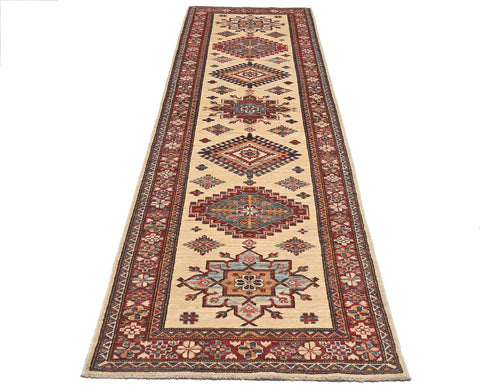 10 Feet Beige Kazak Afghan Hand Knotted Wool Runner Rug