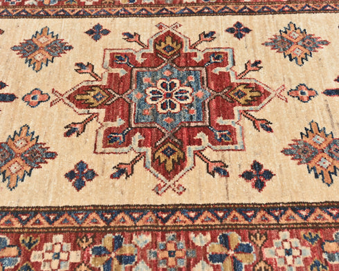 10 Feet Beige Kazak Afghan Hand Knotted Wool Runner Rug