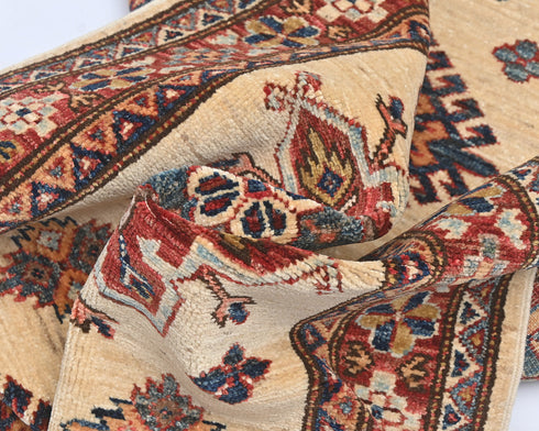 10 Feet Beige Kazak Afghan Hand Knotted Wool Runner Rug