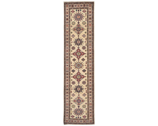 10 Feet Beige Kazak Afghan Hand Knotted Wool Runner Rug