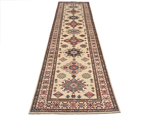 10 Feet Beige Kazak Afghan Hand Knotted Wool Runner Rug
