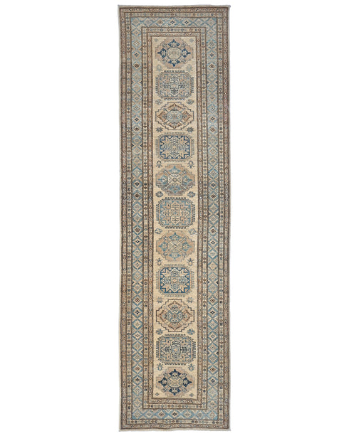 10 Ft Beige Kazak Afghan Hand Knotted Geometric Wool Runner Rug