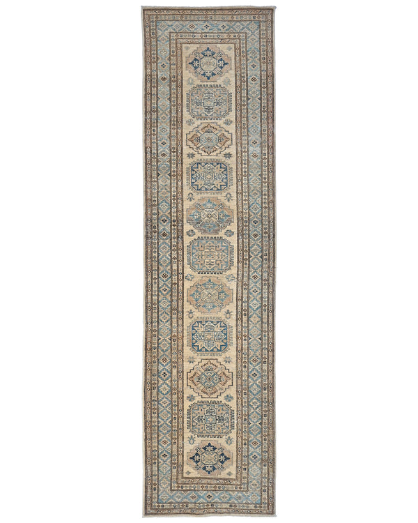 10 Ft Beige Kazak Afghan Hand Knotted Geometric Wool Runner Rug
