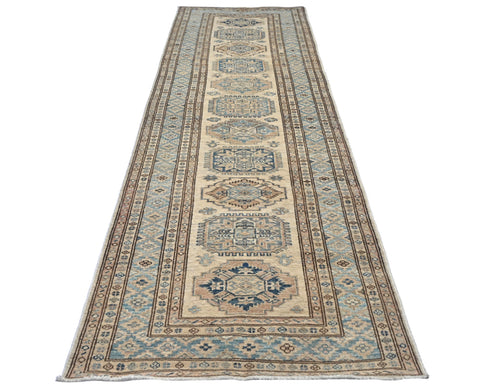 10 Ft Beige Kazak Afghan Hand Knotted Geometric Wool Runner Rug