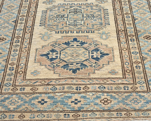 10 Ft Beige Kazak Afghan Hand Knotted Geometric Wool Runner Rug
