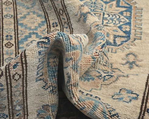10 Ft Beige Kazak Afghan Hand Knotted Geometric Wool Runner Rug