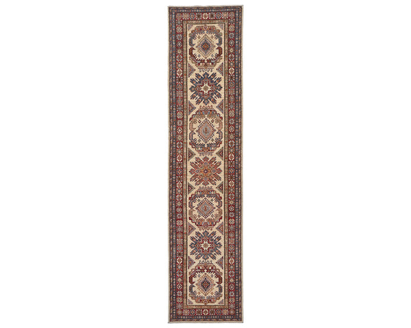 11 Feet Beige Kazak Afghan Hand Knotted Wool Runner Rug