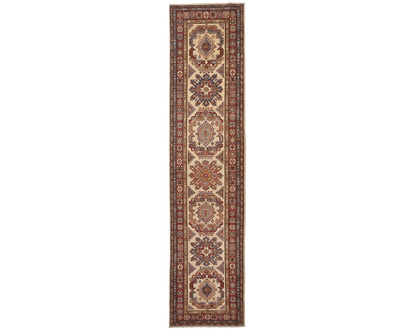 11 Feet Beige Kazak Afghan Hand Knotted Wool Runner Rug