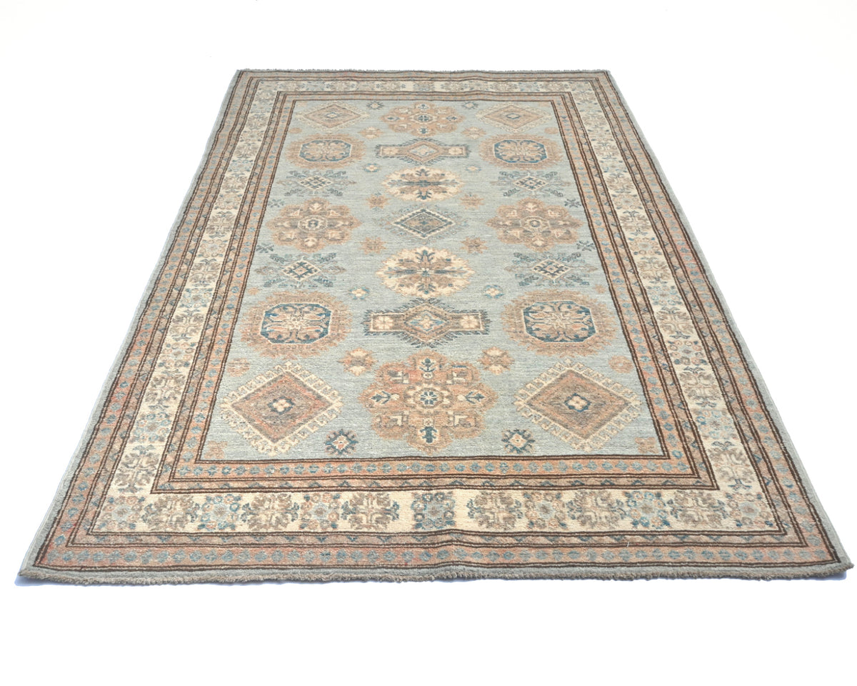 4x6 Kazak Gray Afghan Hand Knotted Geometric Veg Dye Wool Area Rug