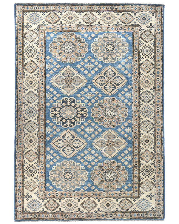 4x6 Ft Blue Kazak Afghan Hand Knotted Geometric Design Wool Area Rug