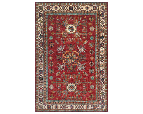 Red 6x8 Kazak Afghan Hand Knotted Geometric Wool Area Rug