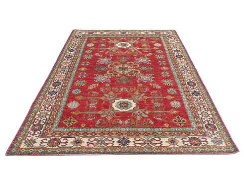 Red 6x8 Kazak Afghan Hand Knotted Geometric Wool Area Rug