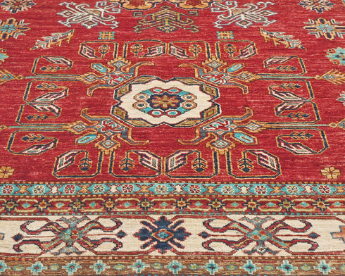 Red 6x8 Kazak Afghan Hand Knotted Geometric Wool Area Rug