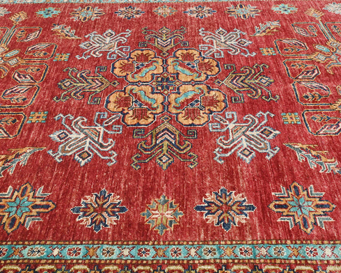 Red 6x8 Kazak Afghan Hand Knotted Geometric Wool Area Rug