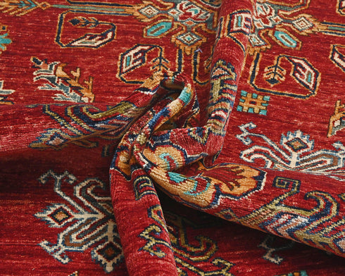 Red 6x8 Kazak Afghan Hand Knotted Geometric Wool Area Rug