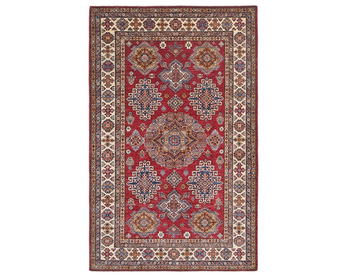 6x8 Red Kazak Afghan Hand Knotted Geometric Wool Area Rug