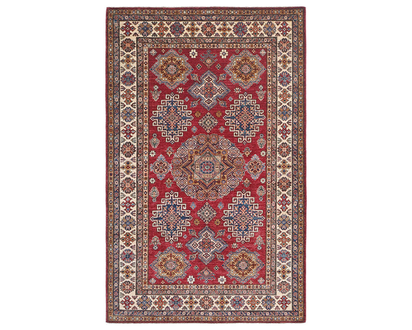 6x8 Red Kazak Afghan Hand Knotted Geometric Wool Area Rug