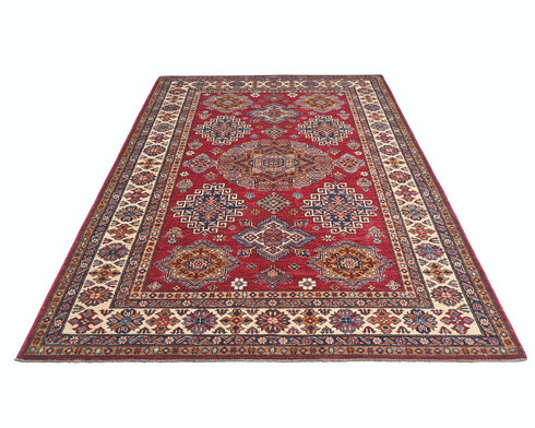 6x8 Red Kazak Afghan Hand Knotted Geometric Wool Area Rug