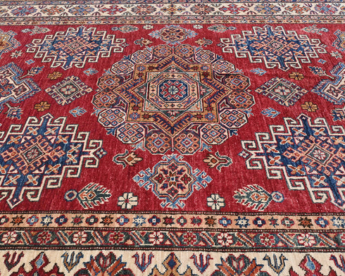 6x8 Red Kazak Afghan Hand Knotted Geometric Wool Area Rug