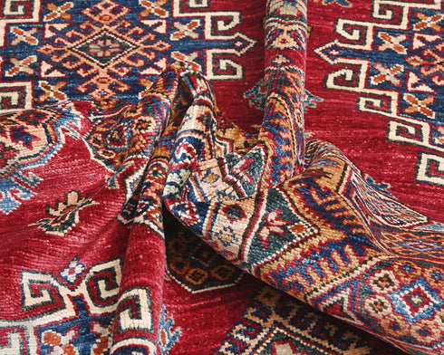 6x8 Red Kazak Afghan Hand Knotted Geometric Wool Area Rug