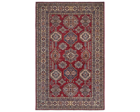 6x8 Red Kazak Afghan Hand Knotted Geometric Wool Area Rug