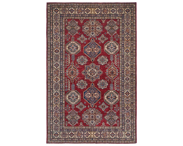 6x8 Red Kazak Afghan Hand Knotted Geometric Wool Area Rug