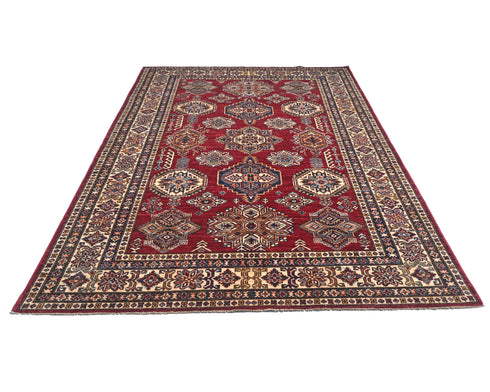 6x8 Red Kazak Afghan Hand Knotted Geometric Wool Area Rug