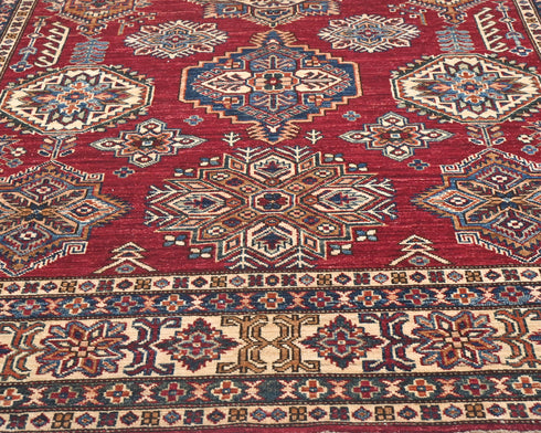 6x8 Red Kazak Afghan Hand Knotted Geometric Wool Area Rug