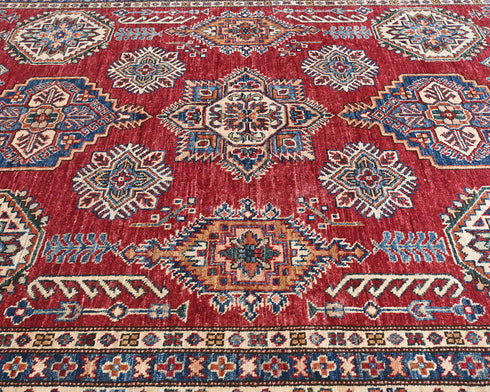 6x8 Red Kazak Afghan Hand Knotted Geometric Wool Area Rug