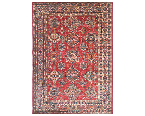 6x8 Red Kazak Afghan Hand Knotted Geometric Wool Area Rug