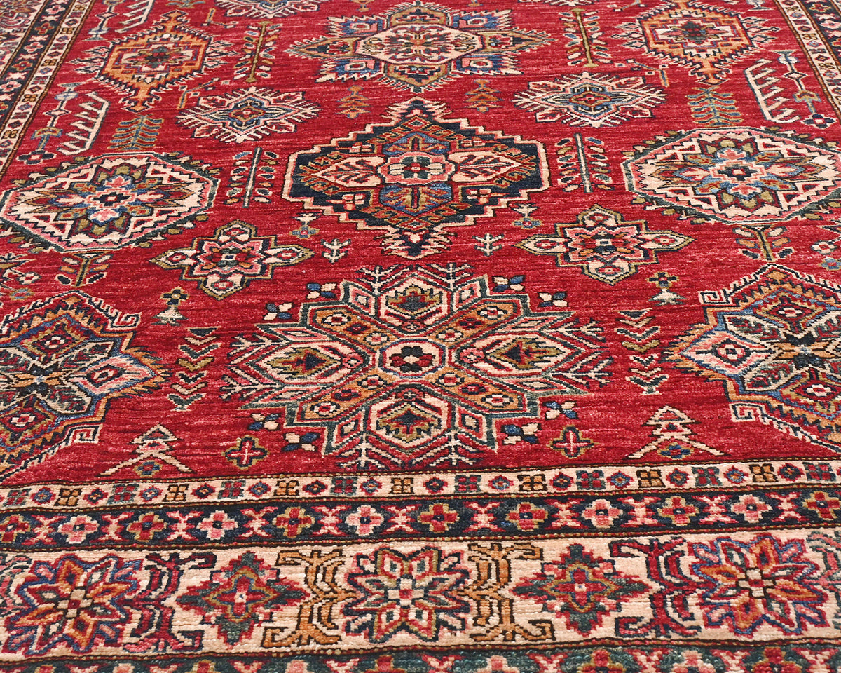 6x8 Red Kazak Afghan Hand Knotted Geometric Wool Area Rug