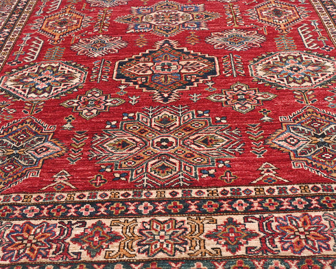 6x8 Red Kazak Afghan Hand Knotted Geometric Wool Area Rug