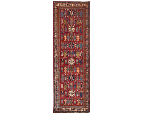 12 Feet Red Kazak Afghan Hand Knotted Wool Runner Rug