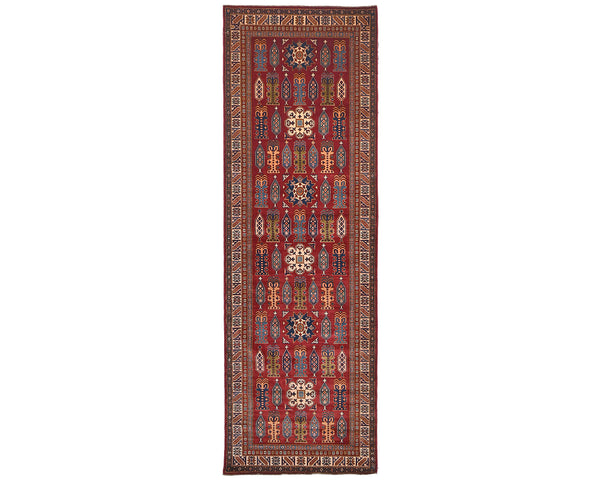 12 Feet Red Kazak Afghan Hand Knotted Wool Runner Rug