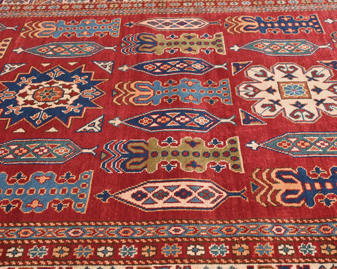 12 Feet Red Kazak Afghan Hand Knotted Wool Runner Rug