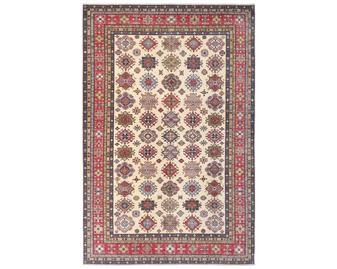Beige 9x12 Kazak Afghan Hand Knotted Geometric Wool Area Rug