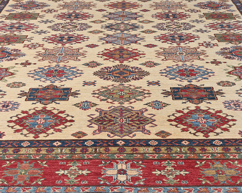 Beige 9x12 Kazak Afghan Hand Knotted Geometric Wool Area Rug