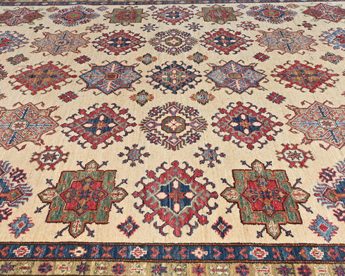 Beige 9x12 Kazak Afghan Hand Knotted Geometric Wool Area Rug