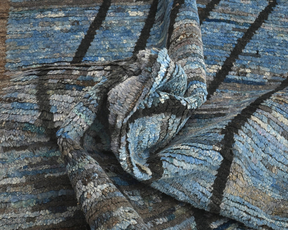 Alfombra marroquí de lana tejida a mano de color azul de 3 metros