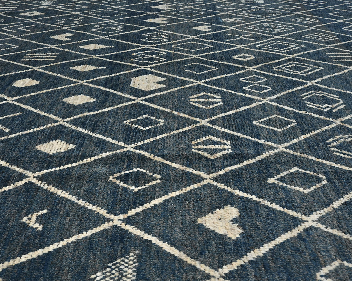 Alfombra marroquí de lana tejida a mano en azul de 10 x 14 pulgadas